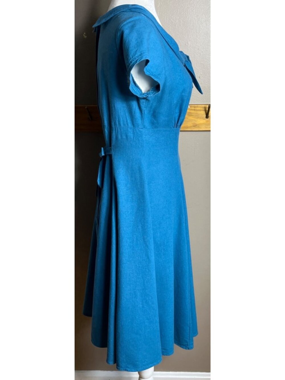 Vtg Heartbreaker Linen Blend Dress Fit Flare Empire Retro Blue Pin Up Midi Wom M - Picture 9 of 9